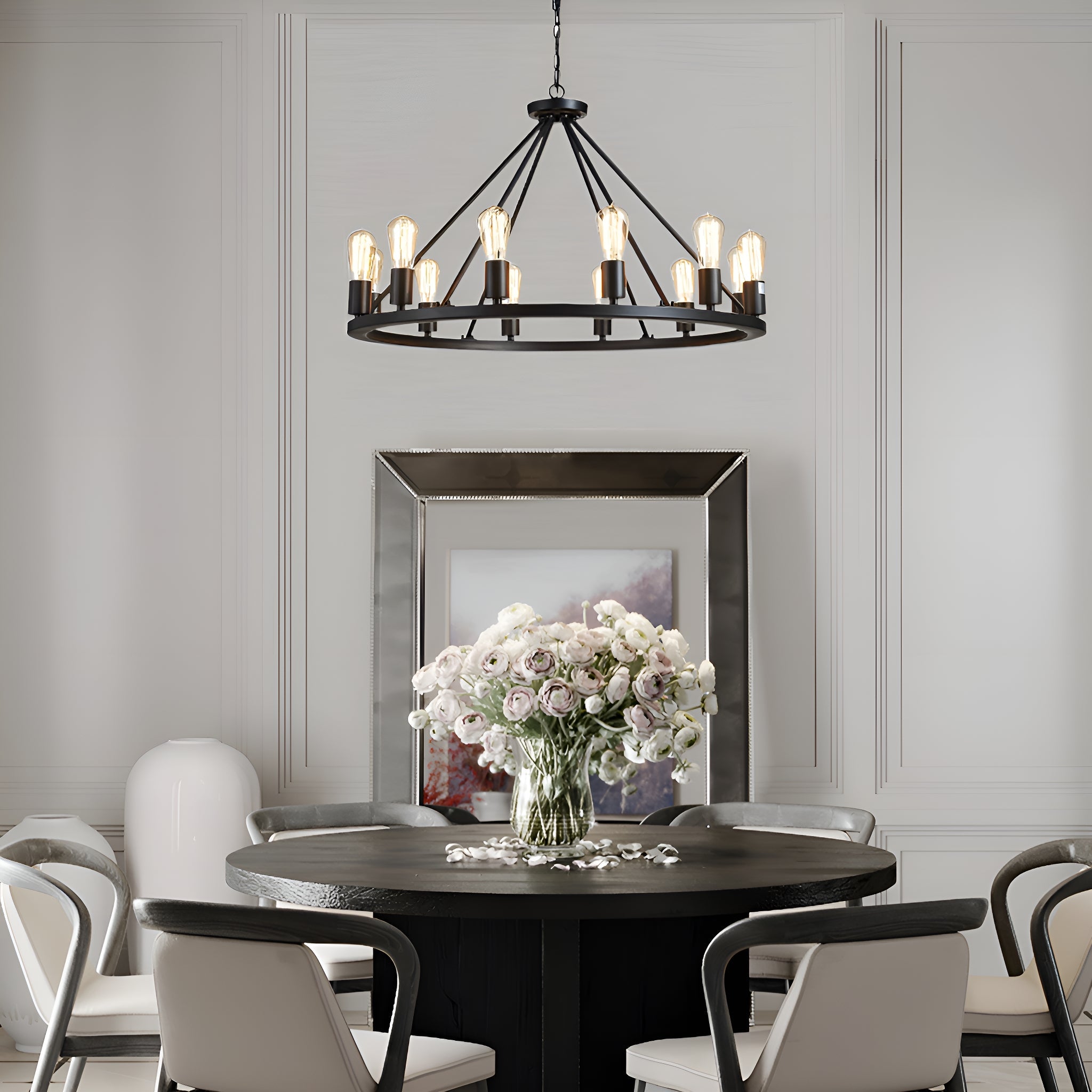 12 Lights Wagon Wheel Chandelier Black Round Globe Wrought Iron Pendant Lights dining room-1 | Sofary Lighting