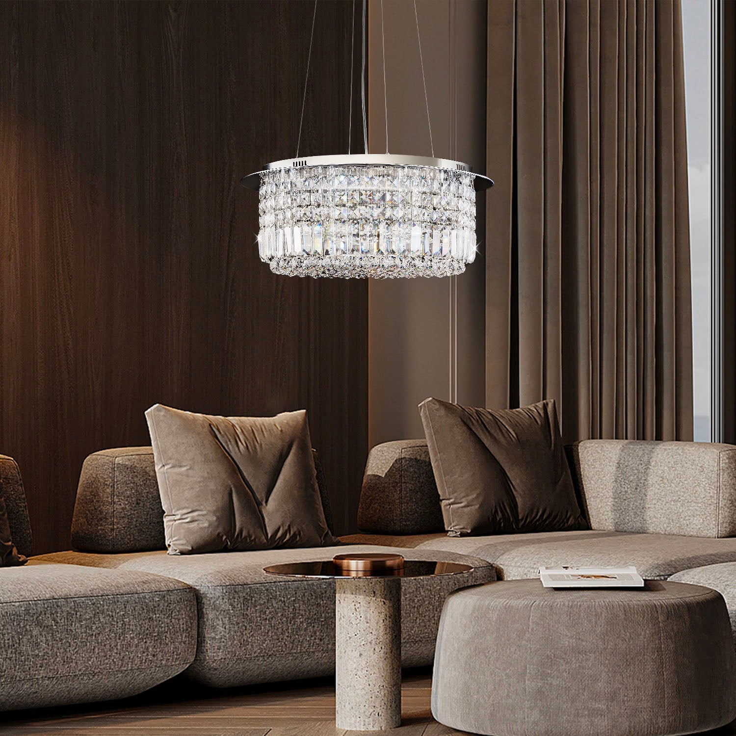 Modern Round Drum Crystal Chandelier - Living Room | Sofary