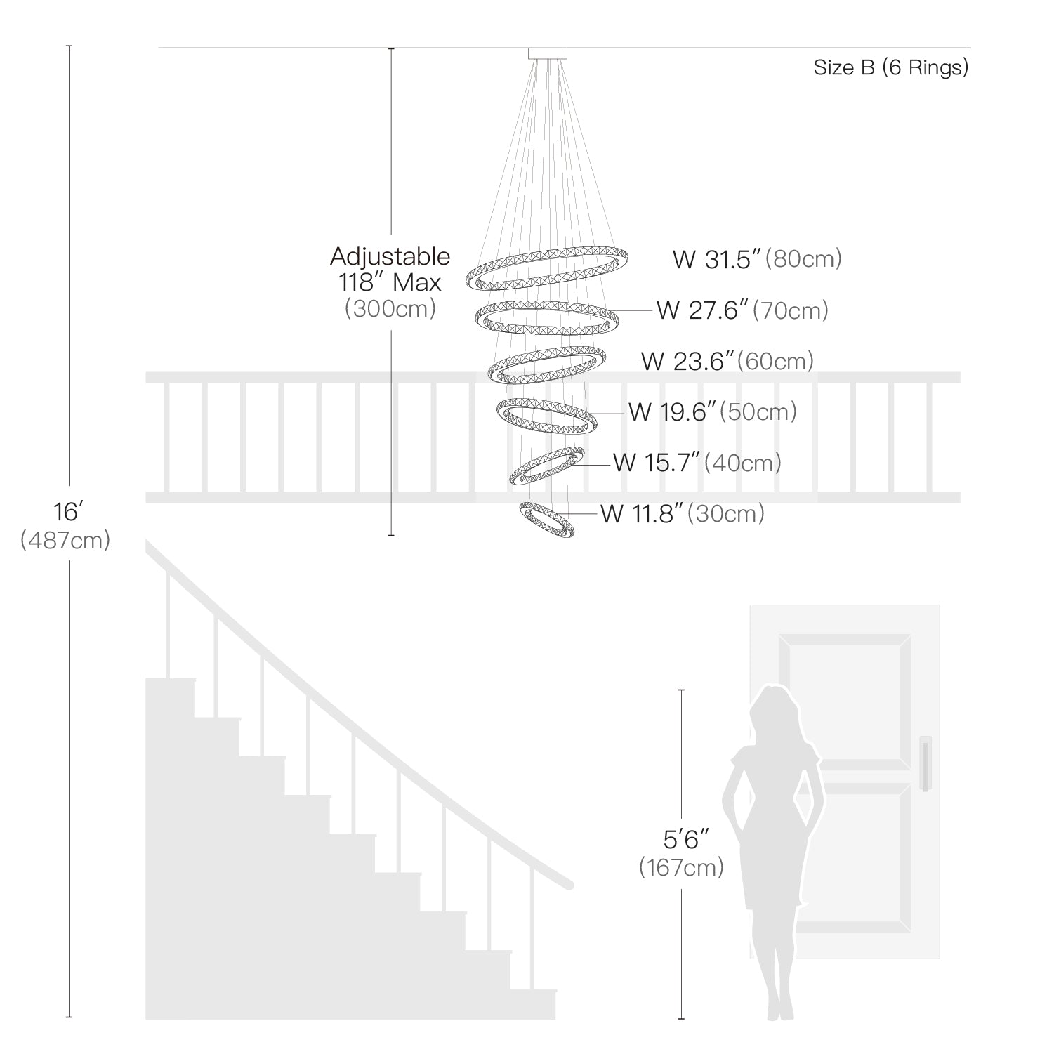 Five & Six Ring Crystal Chandelier Suspension Lights- Size Dimension