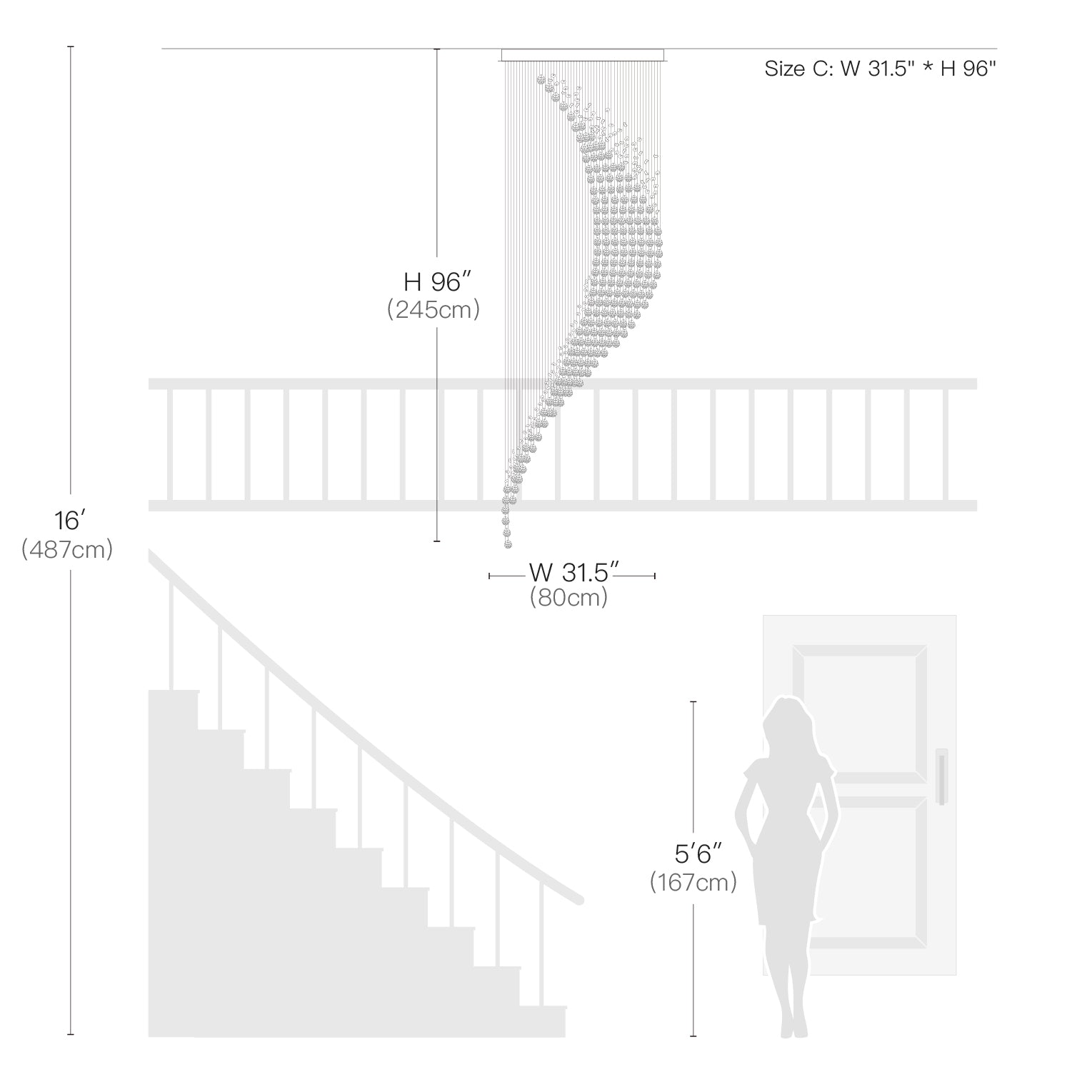 Moon Shaped Spiral Wave Raindrop Crystal Chandelier- Size Dimension