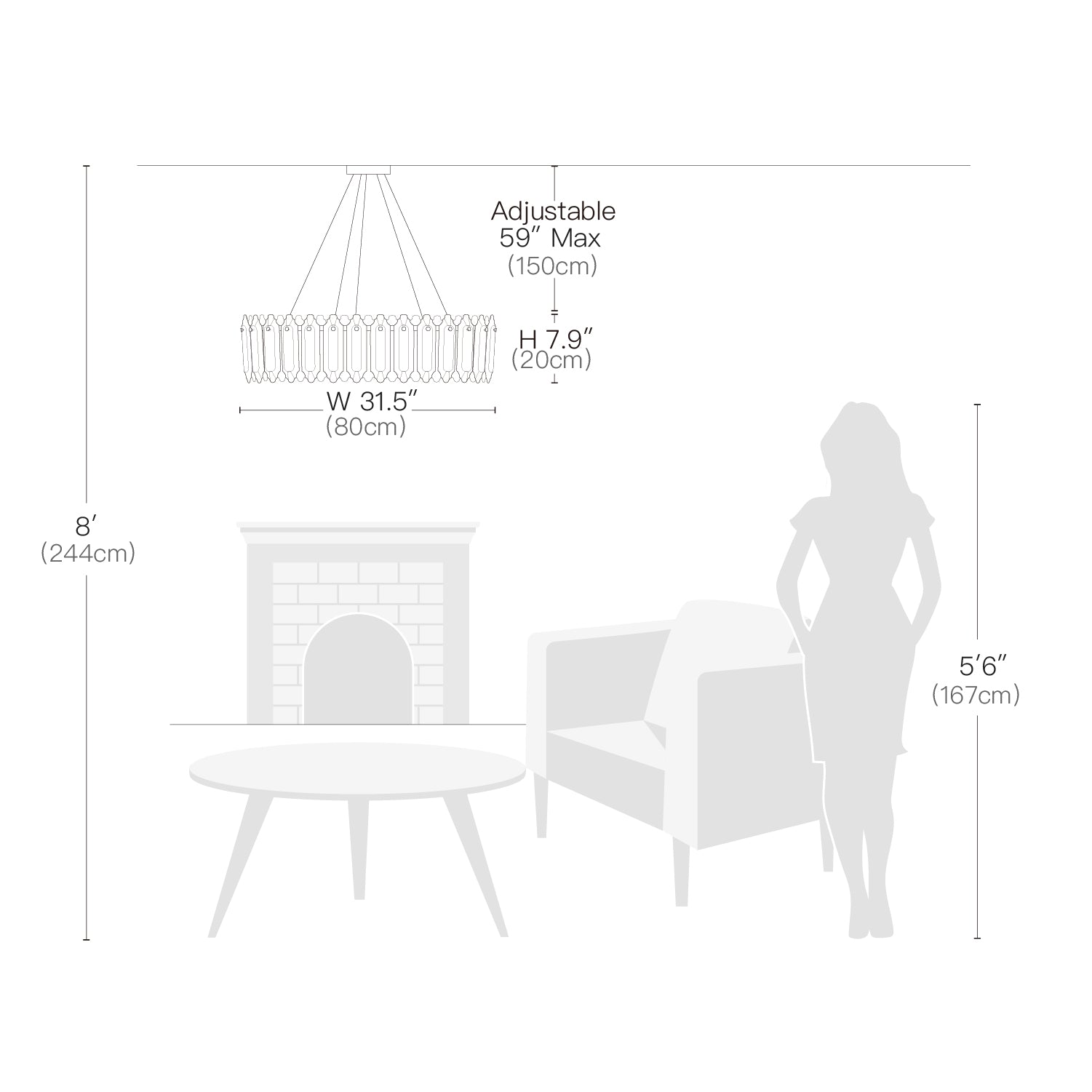 Round Glass Shade Metal Frame Chandelier- Size Dimension