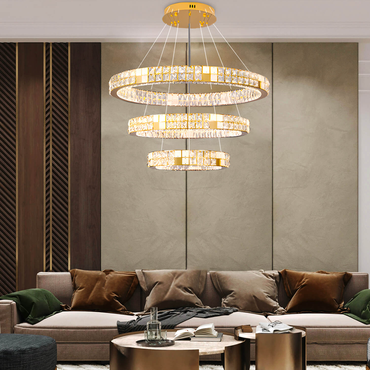 Modern Luxury Crystal and Marble Chandelier-3 rings Living room | Sofary