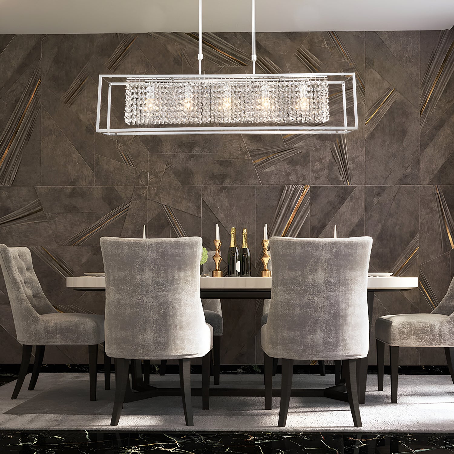 Modern Rectangular Chrome Frame Pendant Light-dinging-room-2|Sofary