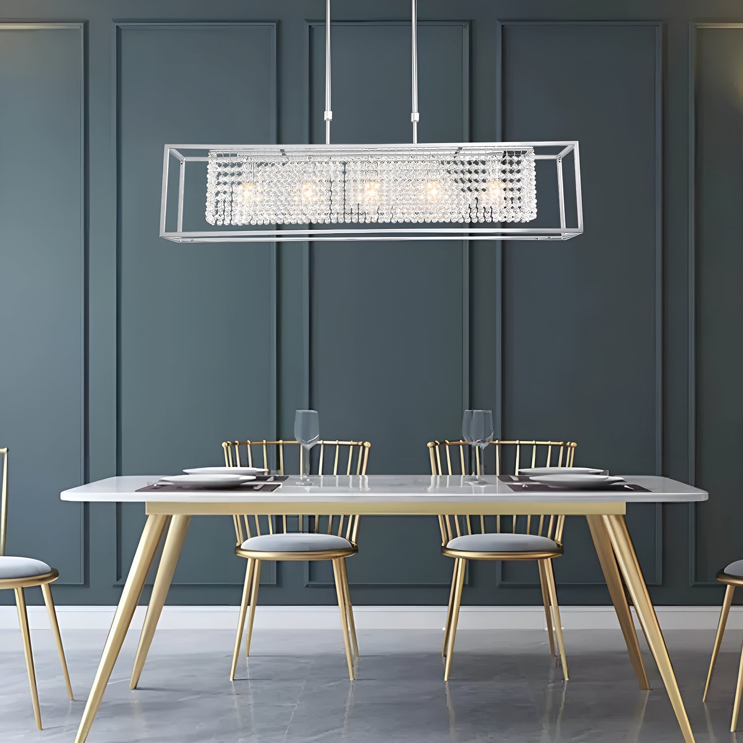 Modern Rectangular Chrome Frame Pendant Light-dinging-room-3|Sofary