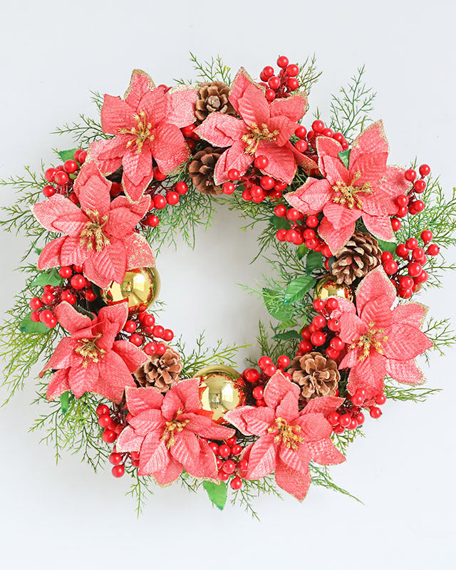 Faux Poinsettias Red Berry Pinecone Wreath