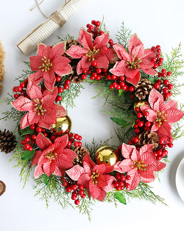 Poinsettias Red Berry Pinecone Wreath