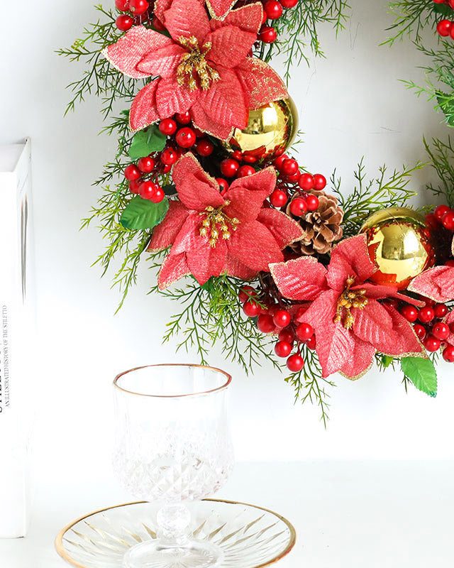 Waterproof Poinsettias Red Berry Pinecone Wreath