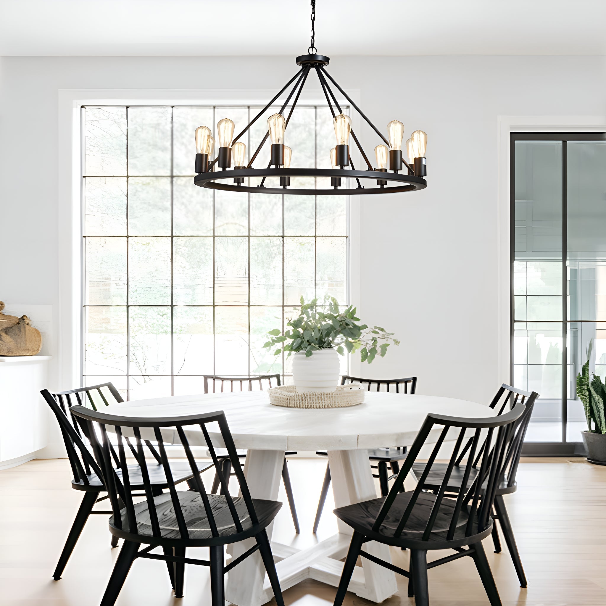 12 Lights Wagon Wheel Chandelier Black Round Globe Wrought Iron Pendant Lights  dining room-2 | Sofary Lighting