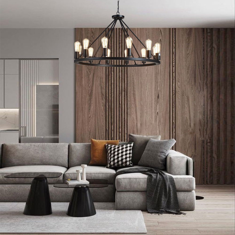 12 Lights Wagon Wheel Chandelier Black Round Globe Wrought Iron Pendant Lights  living room-1 | Sofary Lighting
