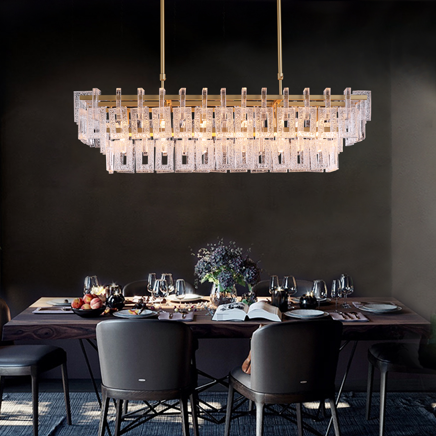 Modern Rectangular Crystal Linear Chandelier - Pendant Light