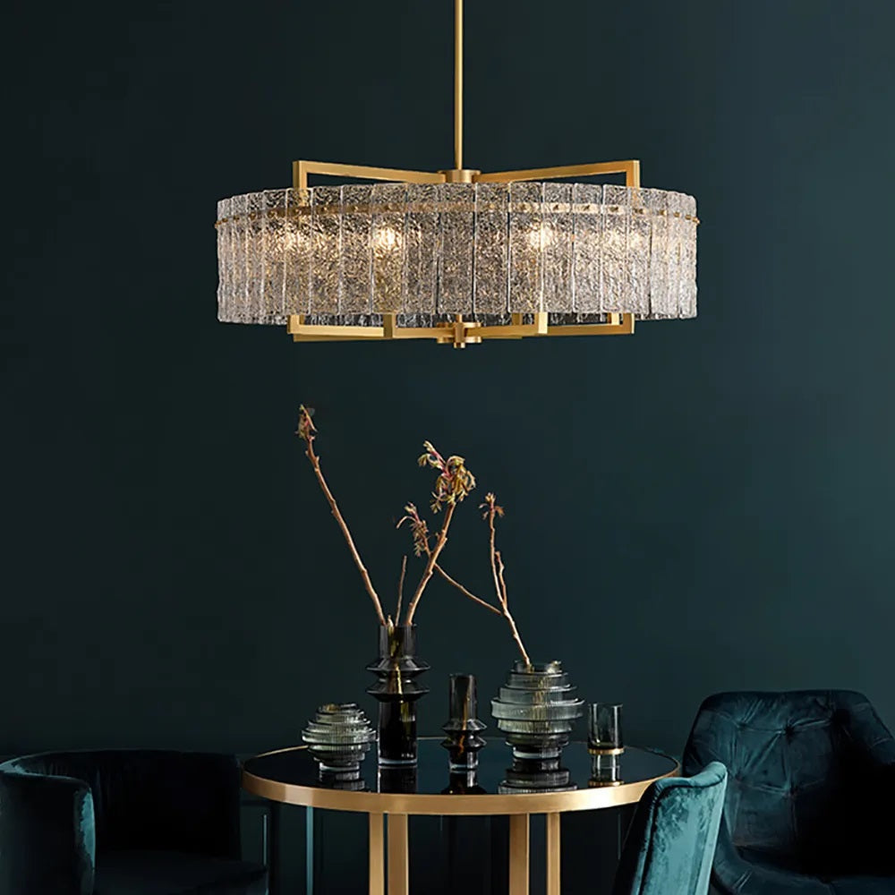 Round Brass Drum Adjustable Chandelier - Living Room - Crystal Chandelier