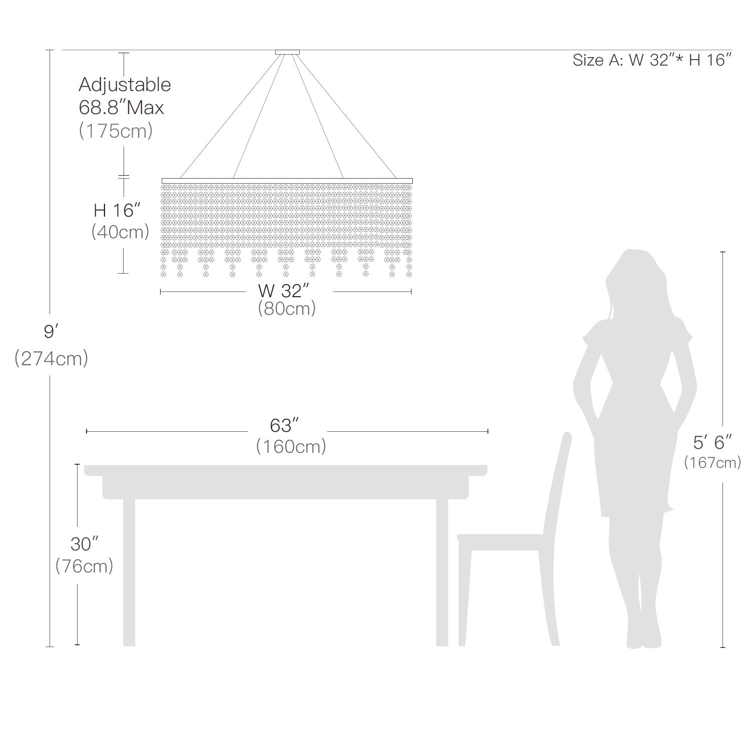 Raindrop Island Crystal Chandelier Pendant Light - Size Dimension