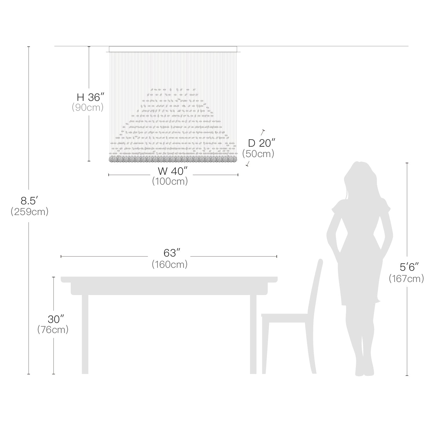 Rectangular Base Pyramid Raindrop Crystal Ceiling Lights-Size Dimension