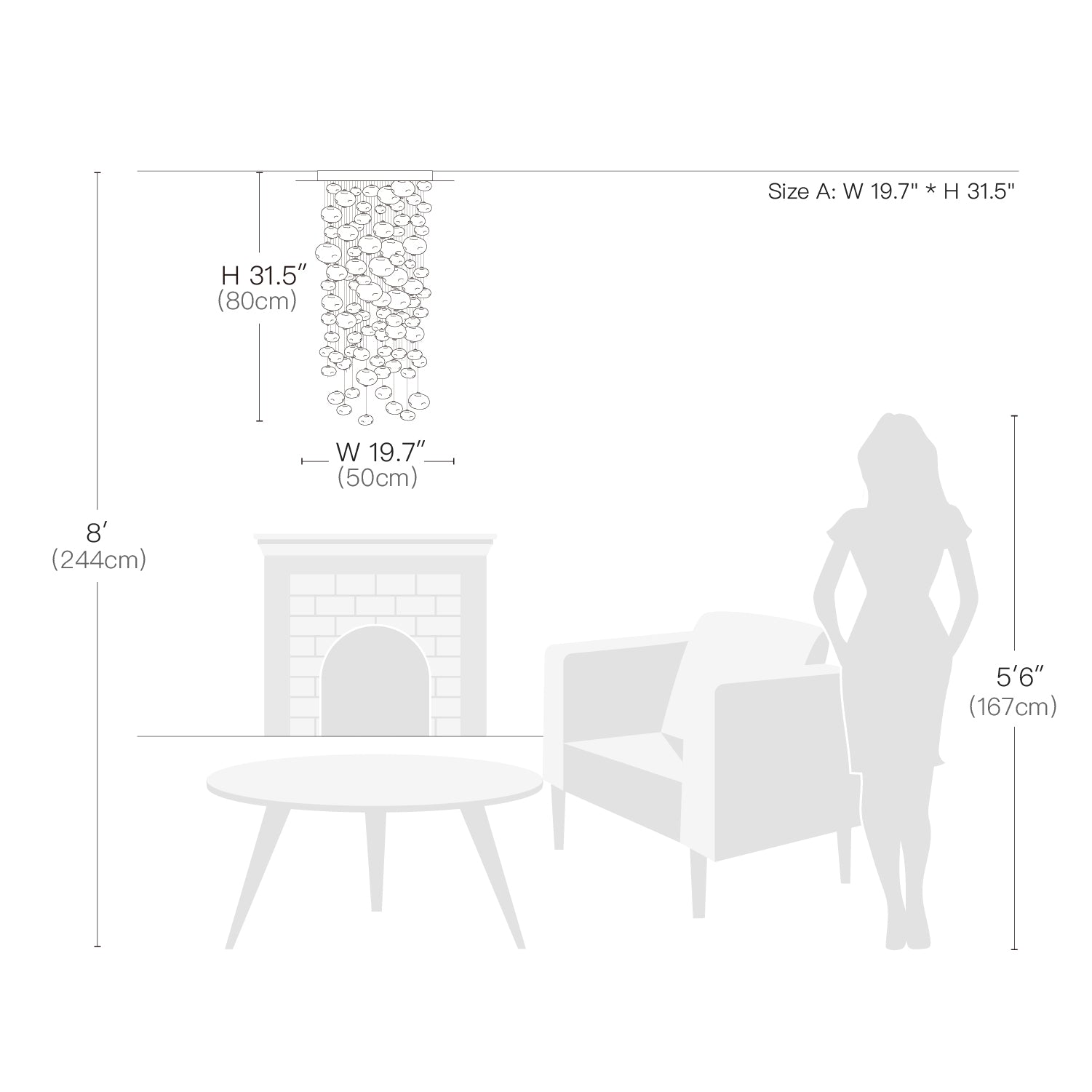Round Base Bubble Glass Chandelier - Ceiling Light-Size Dimension