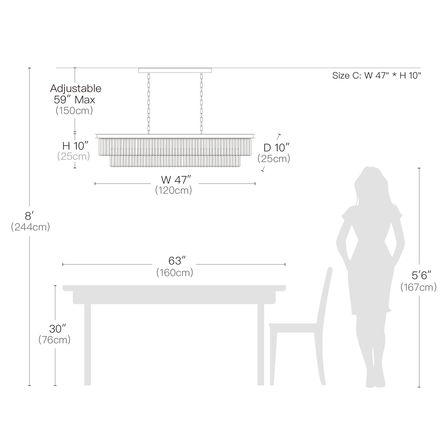 Vintage Clear Crystal Rectangular Chandelier - Dining Room- Size Dimension