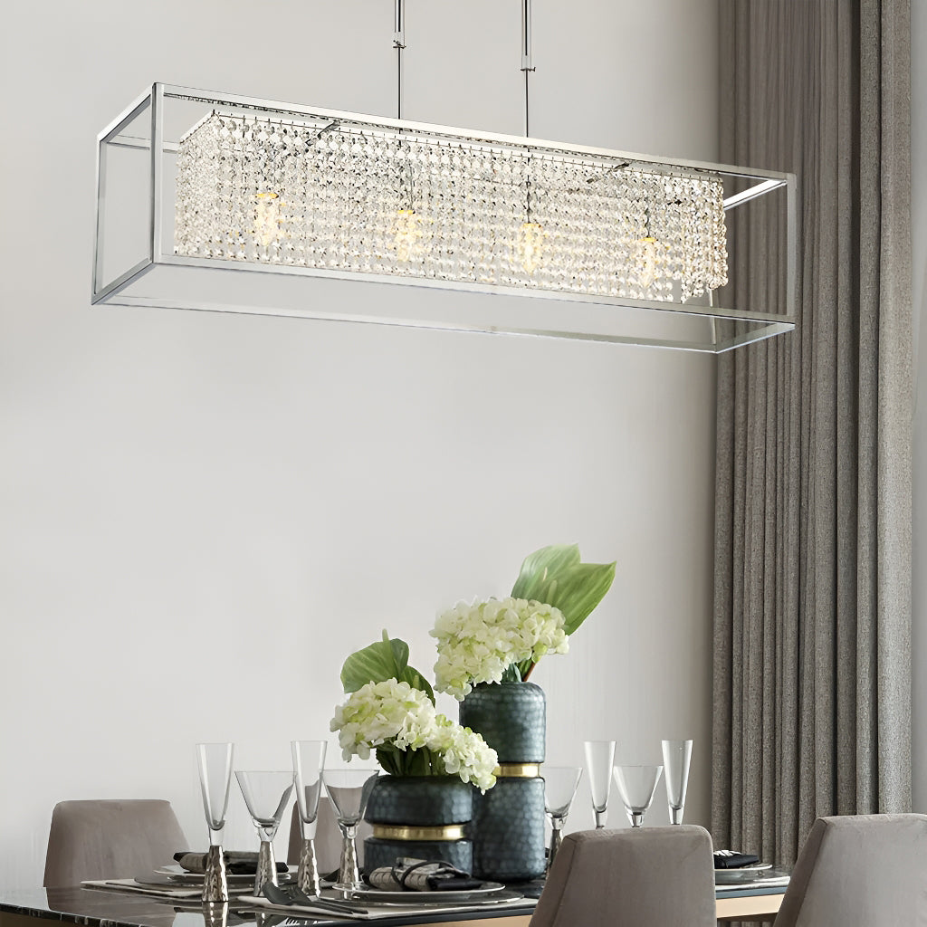 Modern Rectangular Chrome Frame Pendant Light-dinging-room-1|Sofary