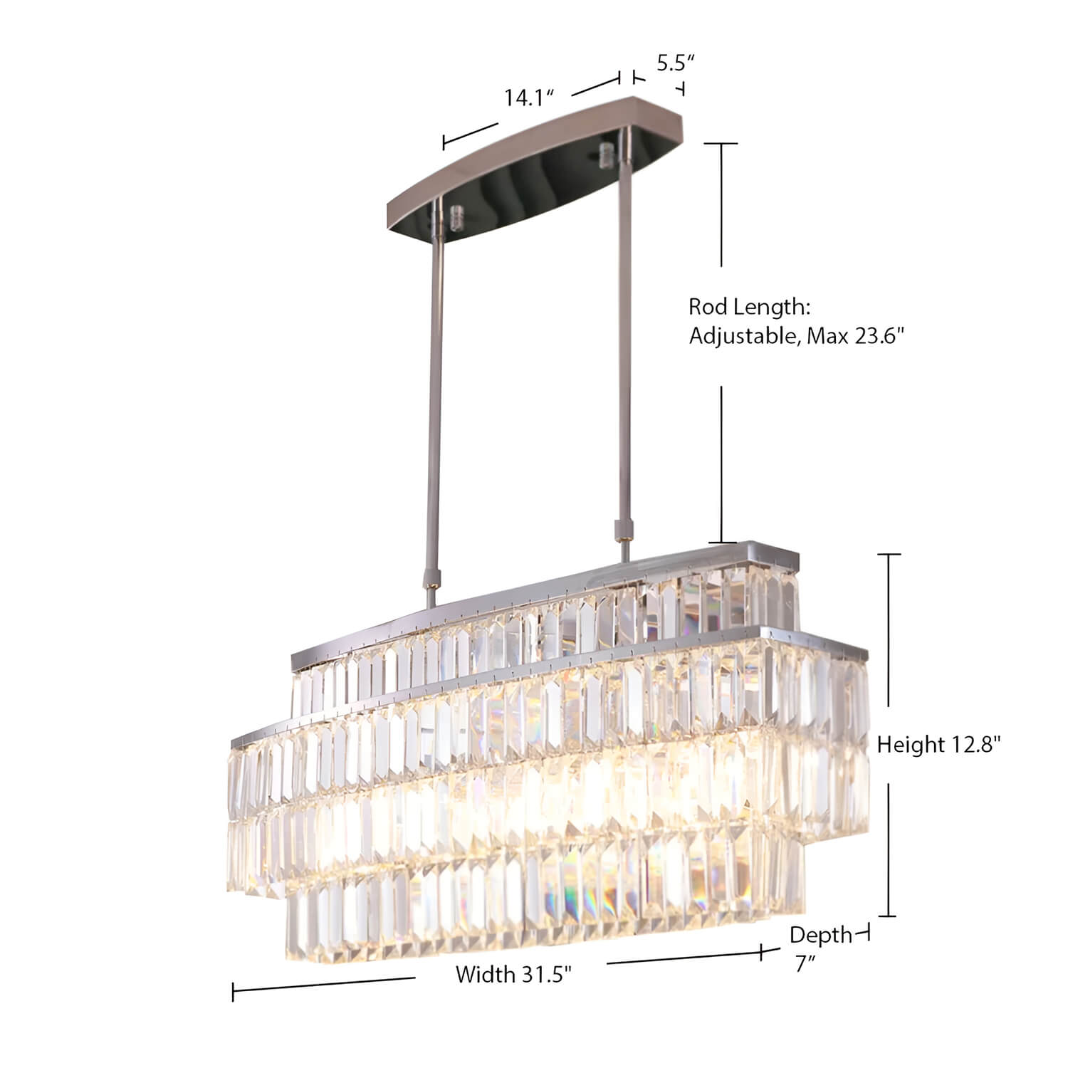 Modern Rectangular Crystal Chandelier - Rod-Type Pendant Light-size |Sofary