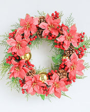 Load image into Gallery viewer, Faux Poinsettias Red Berry Pinecone Wreath
