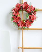 Load image into Gallery viewer, Poinsettias Red Berry Pinecone Wreath
